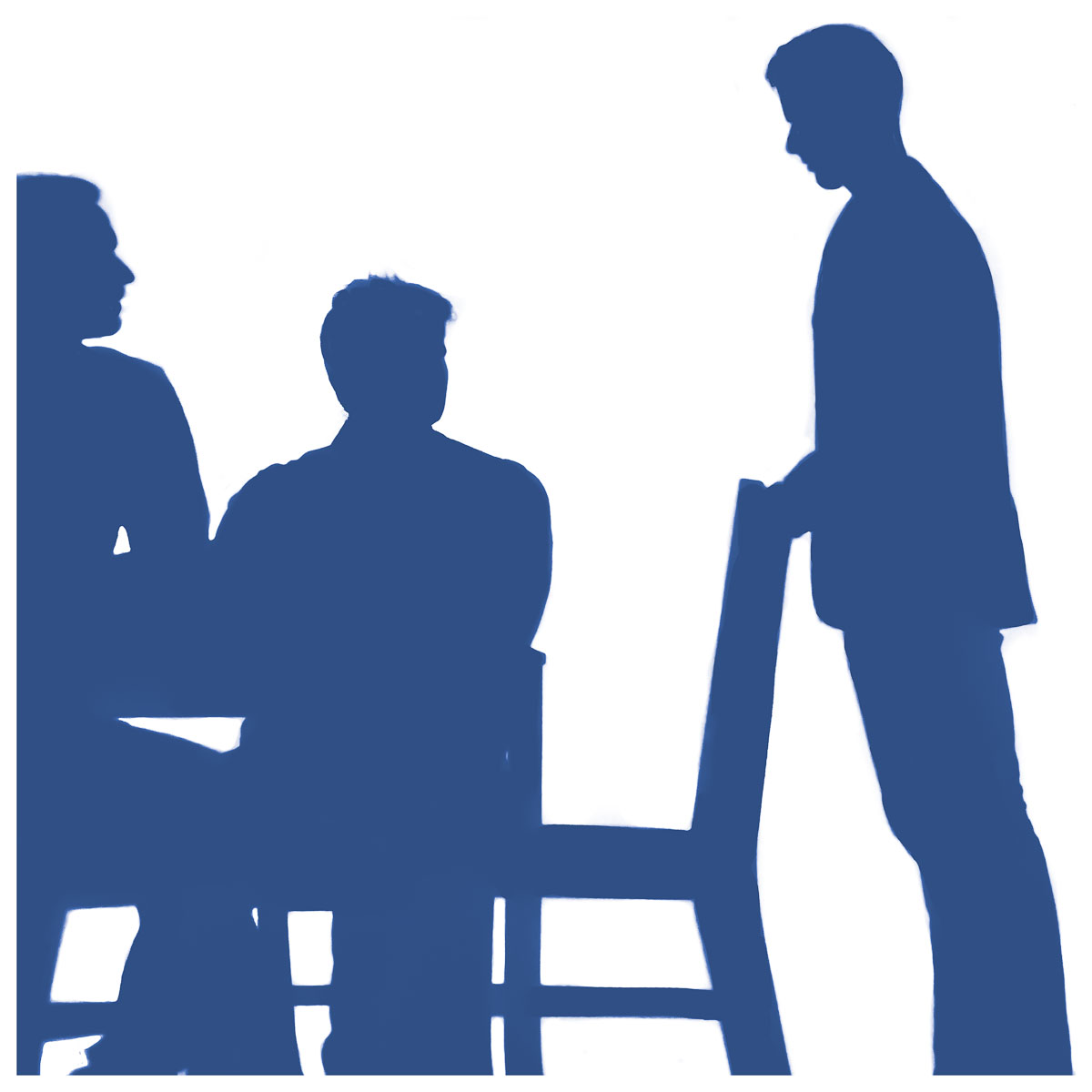 Blue silhouette of a man reaching for chair and 2 men sitting down looking at him