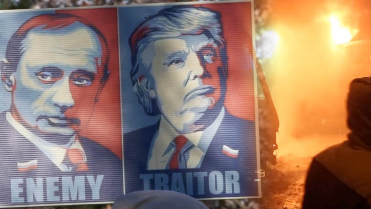 Trump and Putin on sign with fire behind it